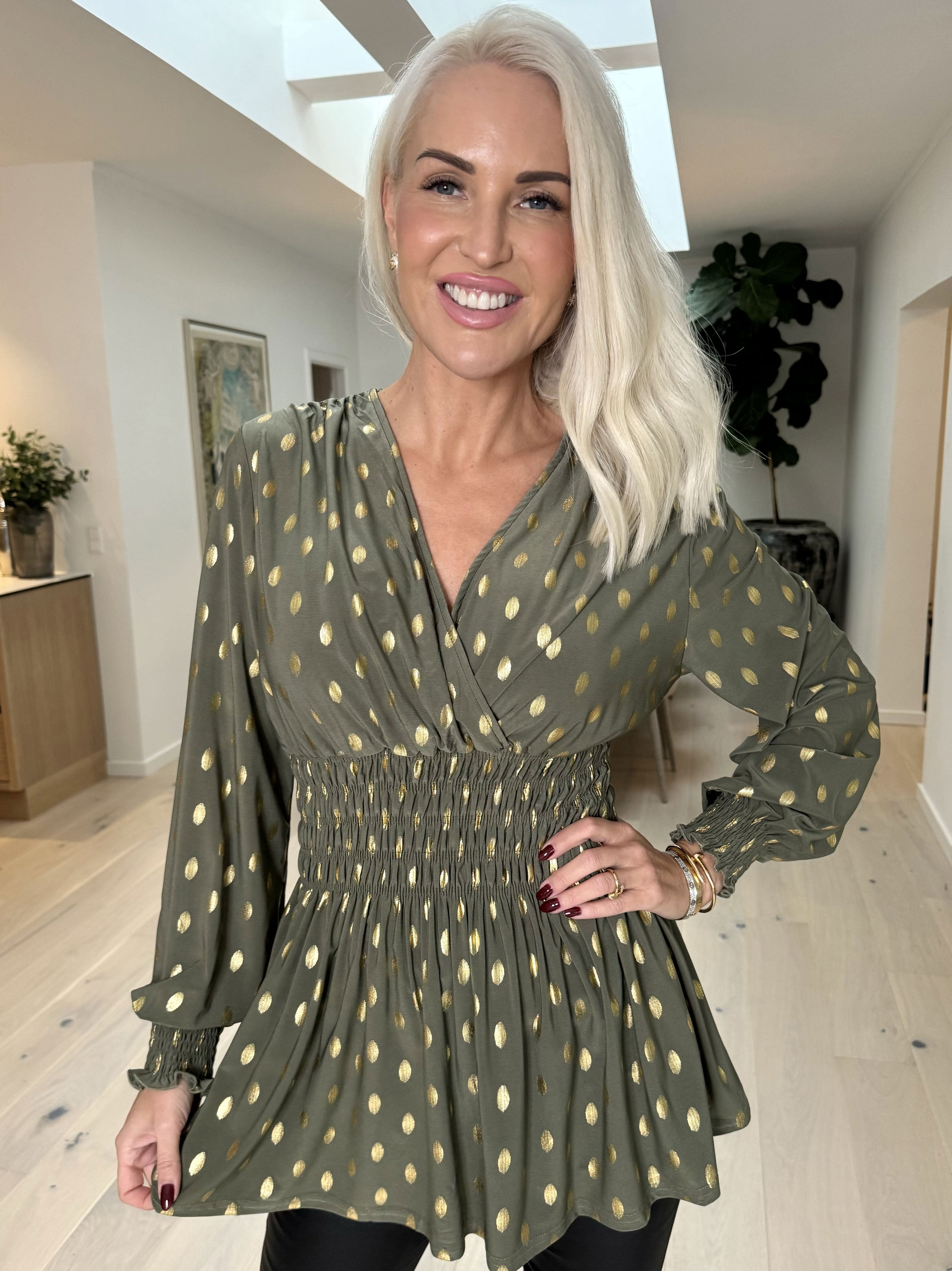 Pams Gold Dot Shirt L/S - Elastisk bluse i krølfrit stof